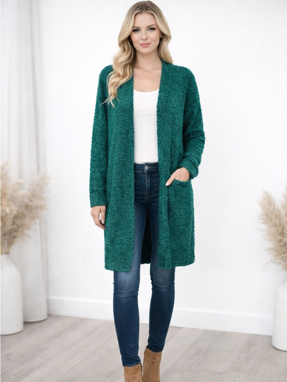 Green Textured Knit Open-Front Cardigan | Size M